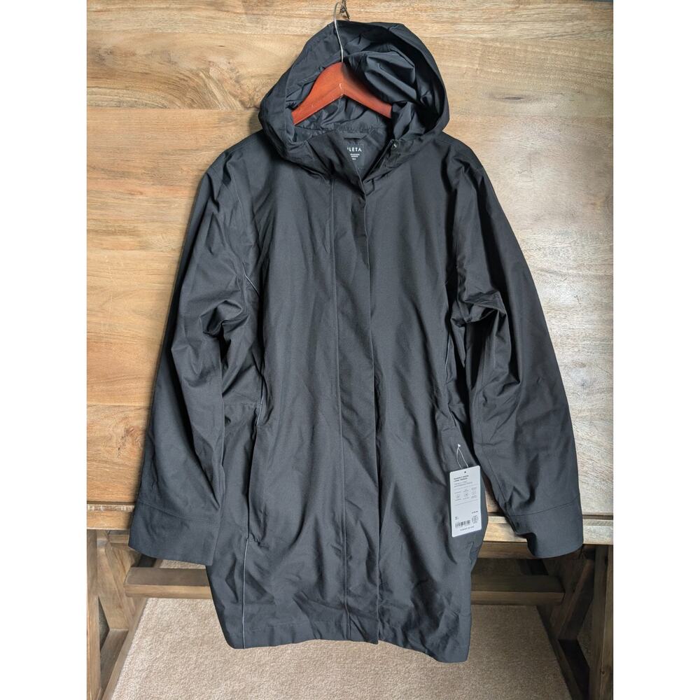 NWT Athleta Rainout Ridge Long Trench Coat Womens Large Black Waterproof Hooded